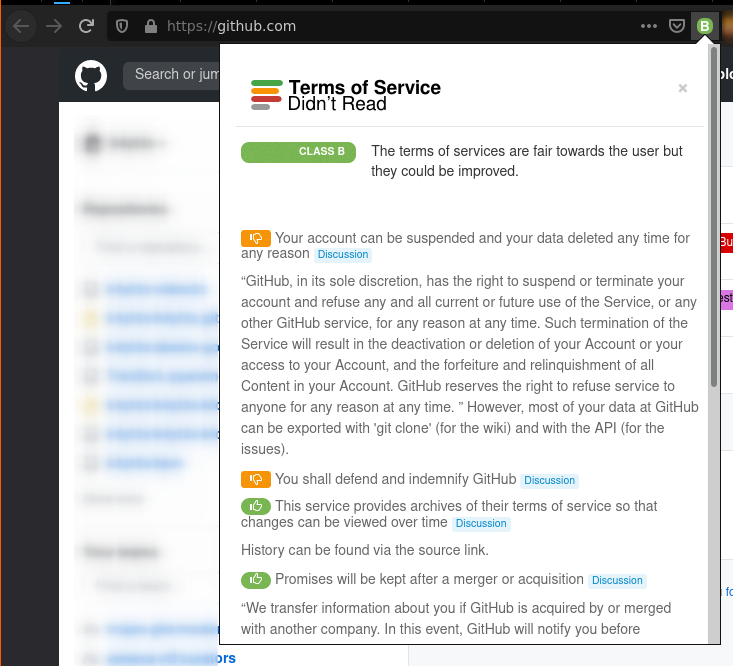 Terms of Service; Didn’t Read 显示 GitHub 精简后的服务协议
