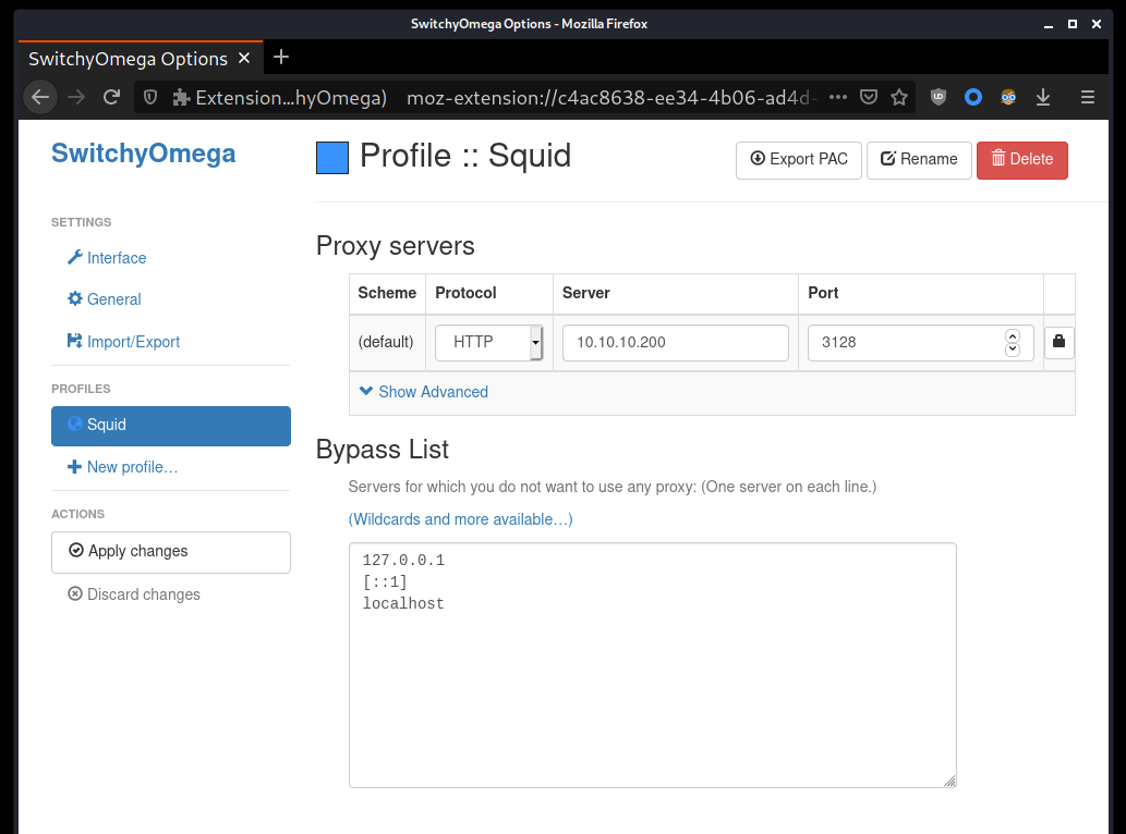 Configuring Firefox to use the Squid proxy using the SwitchyOmega extension